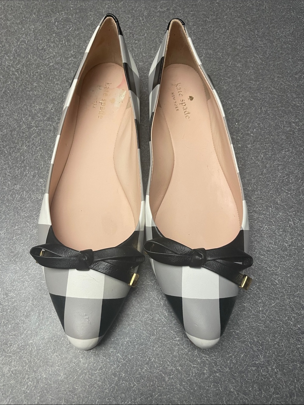kate spade Black, White & Gray Check Pointed Ballet Flats with Bow